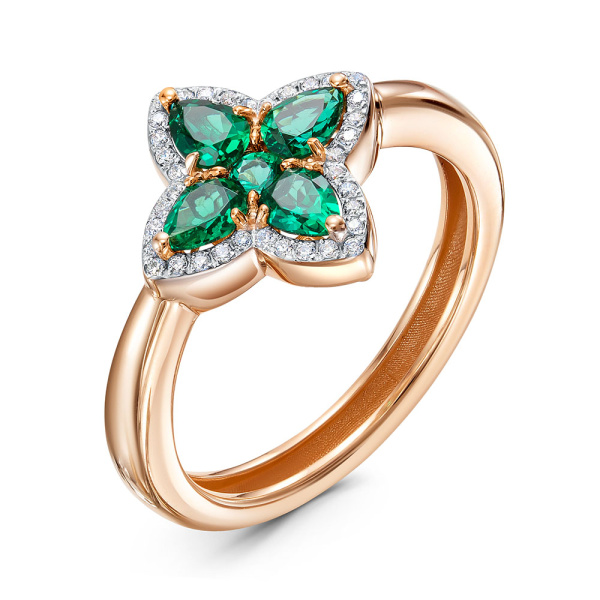 Кольцо из красного золота с наноситал-изумрудами и фианитами